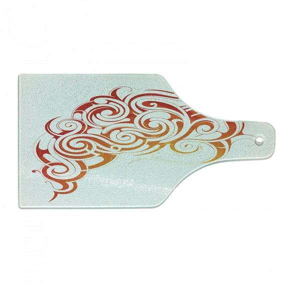 Smoke Cutting Board, Tribal Tattoo Inspired Abstract Fire Flames and Smoke Ornament, Decorative Tempered Glass Cutting and Serving Board, in 3 Sizes, by Ambesonne