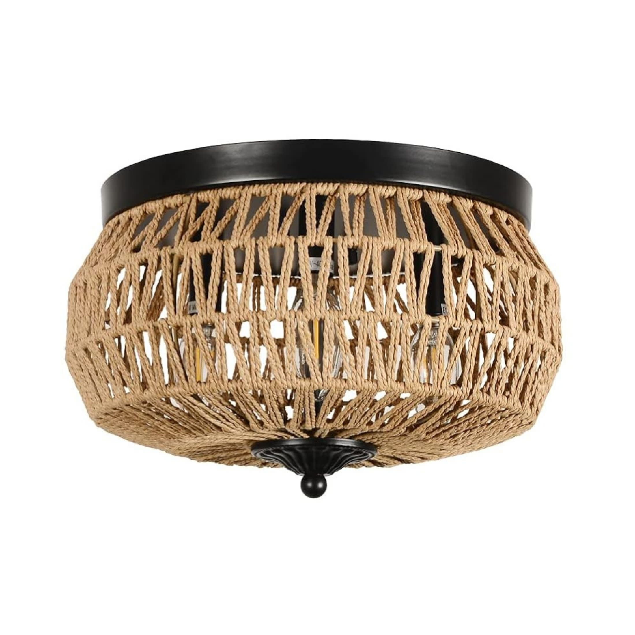 Noble House 3-Light Woven Rattan Flush Mount Ceiling Light, Natural Boho Cage Shade Close to Ceiling Fixture, Brown