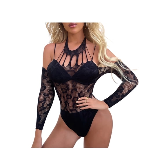 Women Lingerie Underwear Leopard Lace Mesh Bodysuits Women Exotic Set Long Sleeves Bodysuit