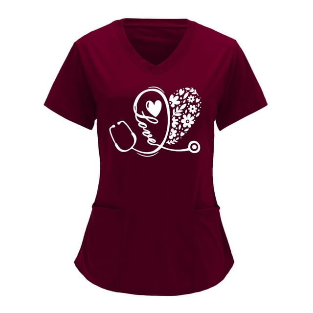 Womens Scrub Top V-neck Solid Color Overalls Partial Positioning Printing Short Sleeve Working Uniform Tops