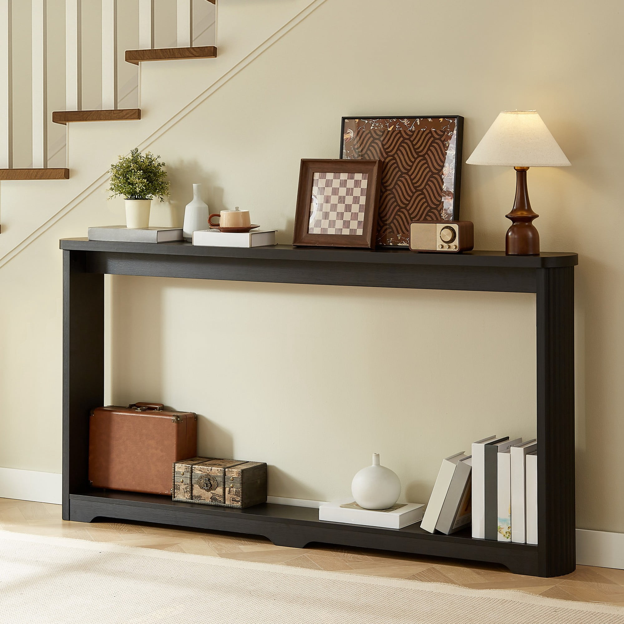70" Console Table,Narrow Wooden Console Sofa Table,Corrugated Storage Table for Hallway,Entrance,Black