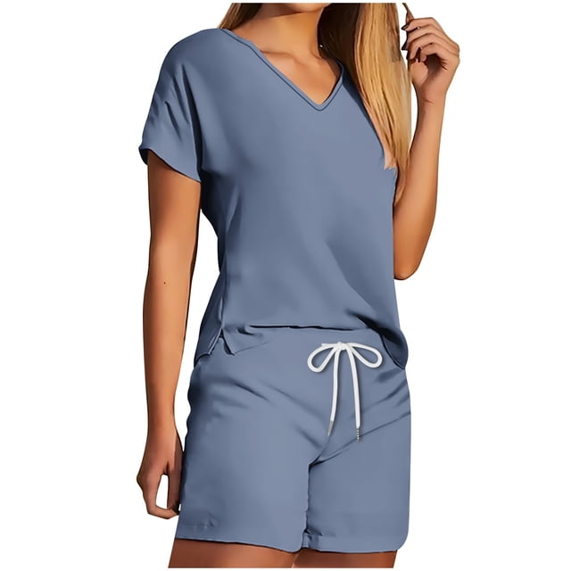 AherBiu 2 Piece Workout Sets for Women V Neck Short Sleeve Tops Tees with Sweatshorts Comfy Stretchy Sweatsuits