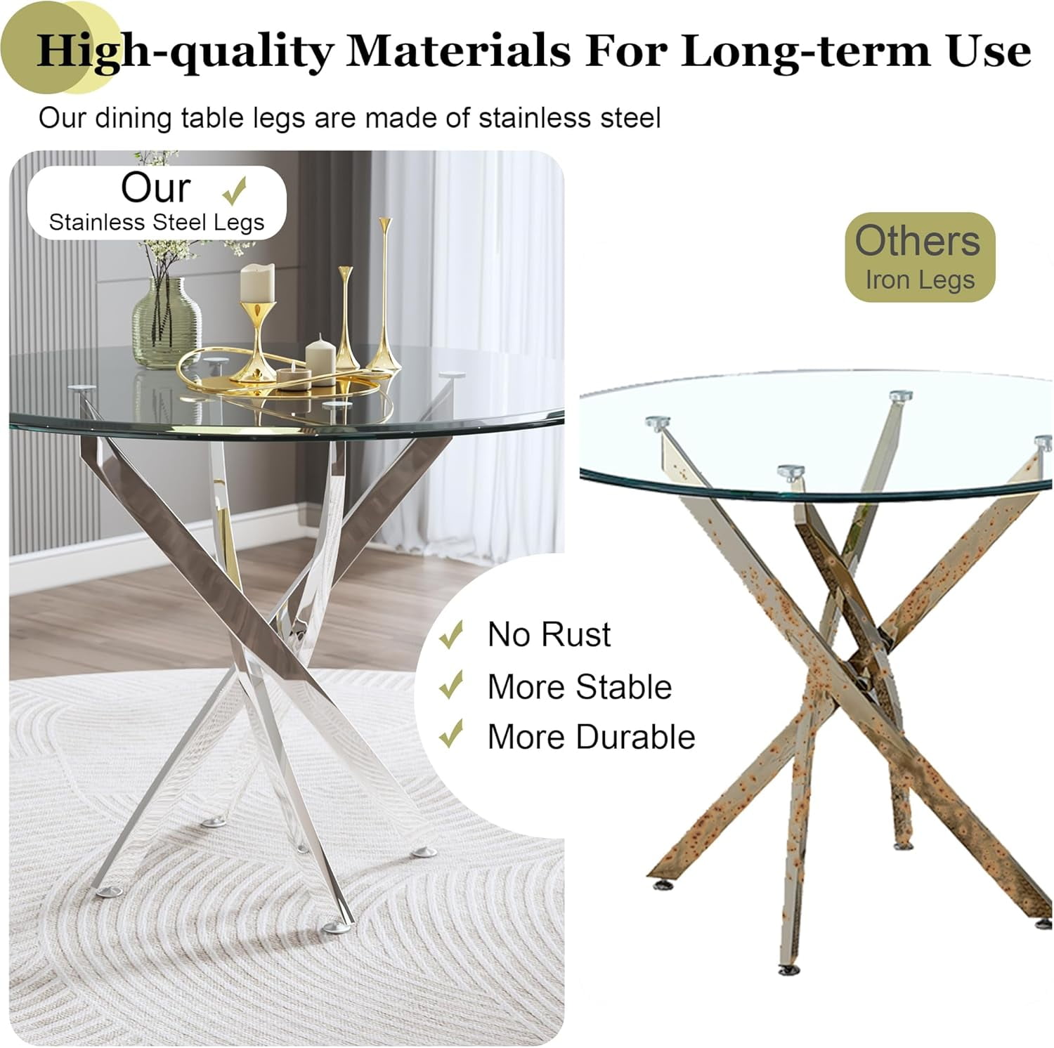 5-Piece 36" Round Glass Dining Set, Clear Tempered Glass Table & 4 PU Leather Chairs with Stainless Steel Legs for Kitchen, Meeting Room