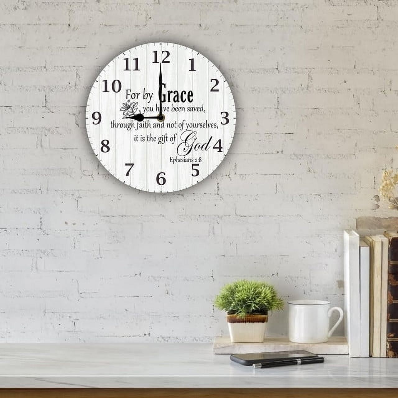Christian Wall Clock For By Grace You Have Been Saved Religious Decor Christian Gifts for Her Bible Verse Clocks 10"x10" Silent Non-Ticking Clock Battery Operated