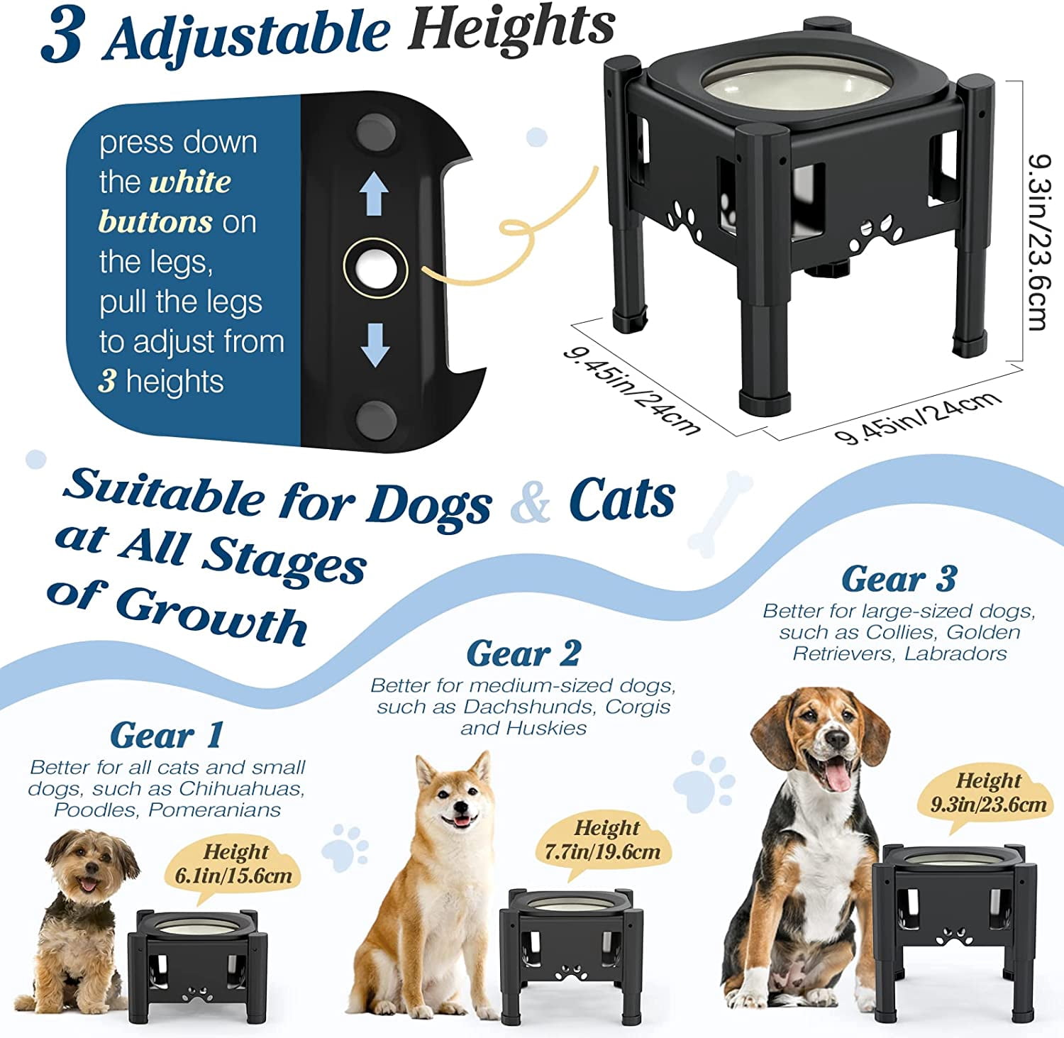 Lewondr Dog Water Bowl, 80OZ Large Capacity Raised Water Bowl for Dogs with Dog Slow Feeder Bowl, No Spill Water Bowl for Dogs 3 Heights Adjustable Elevated Dog Bowl Stand for Small Medium Large Dogs
