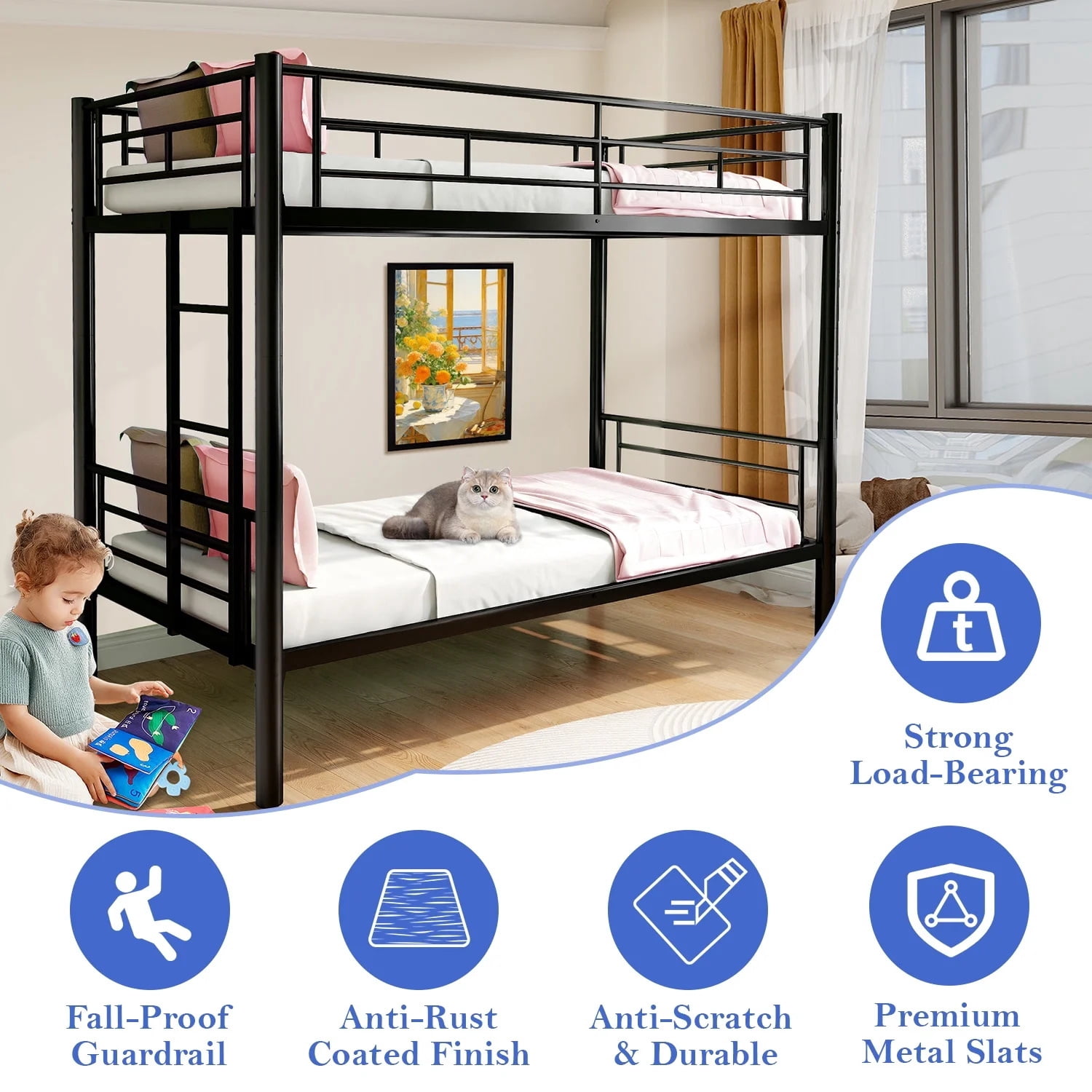 Alvantor Twin over Twin Bunk Beds for Kids Teens, Convertible 2 Beds, Easy Assembly, Load-Bearing 350lb Black