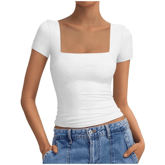 DeHolifer Women Tee Square Neck Summer Stretch Top Solid Colors Casual Short Sleeve Shirt White XL