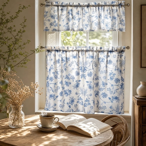 Kitchen Curtains Small Coffee Curtains Basement Filtering And Heat Insulating Curtains 3 Piece Set,Blue