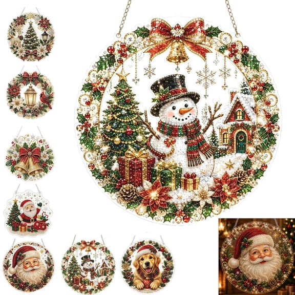 Christmas Pearl Diamond Painting Suncatcher Kit, DIY Diamond Painting Hanging Pendant for Acrylic Round Board , 3D Mixed-Sized Pearl Beads Craft, Festive Window Wall Decor (G-1pcs)