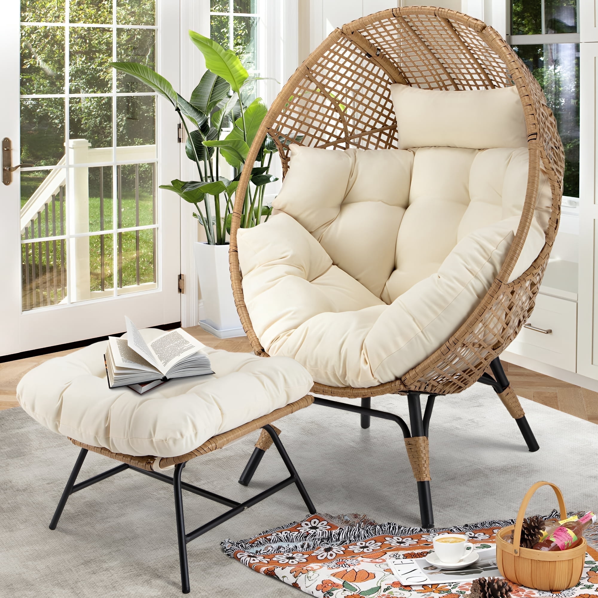 RADIATA Oversized Wicker Egg Chair with Ottoman, Rattan Lounge Chair for Indoor Outdoor Patio, 420lbs Capacity