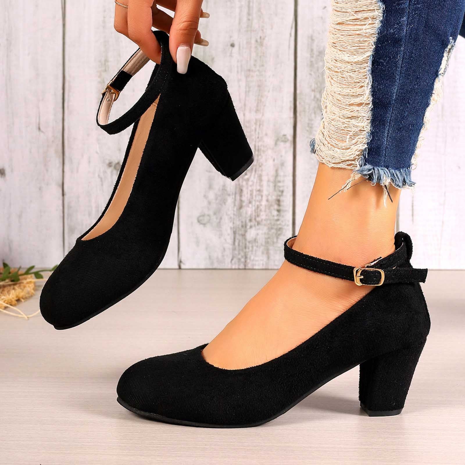 Miluxas Heels for Women Clearance Women's High Heel Closed Toe Chunky Wedding Pumps Shoes Black