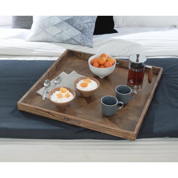 Signature Design by Ashley Heddford Square Wooden Serving Tray, Geometric Wood Pattern, Honey Brown Finish