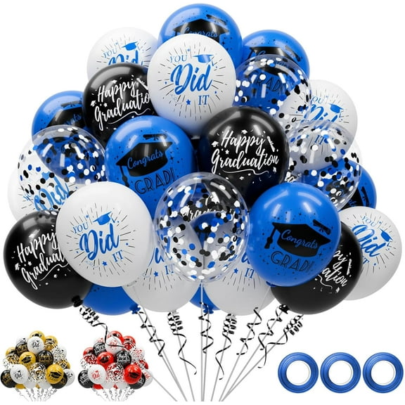 CeleBoo Blue and Black Graduation Balloons Class of 2025 Graduation Decorations - 12 Inch Royal Blue White Congrats Grad Balloons with Ribbons, 2025 Grad Party Decorations for College, High School