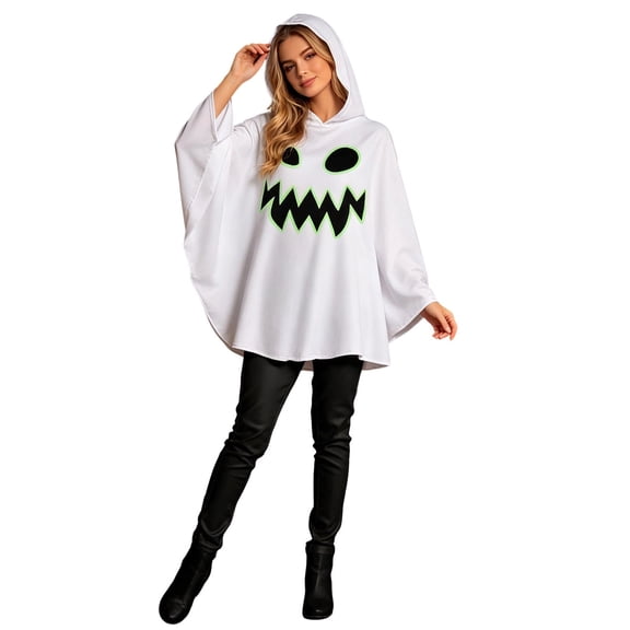 2026 Adult Halloween Glow In The Dark Ghost Hooded Cape, White Poncho Cloak with Jagged Mouth Print for Holiday Party Stage Performance One Size