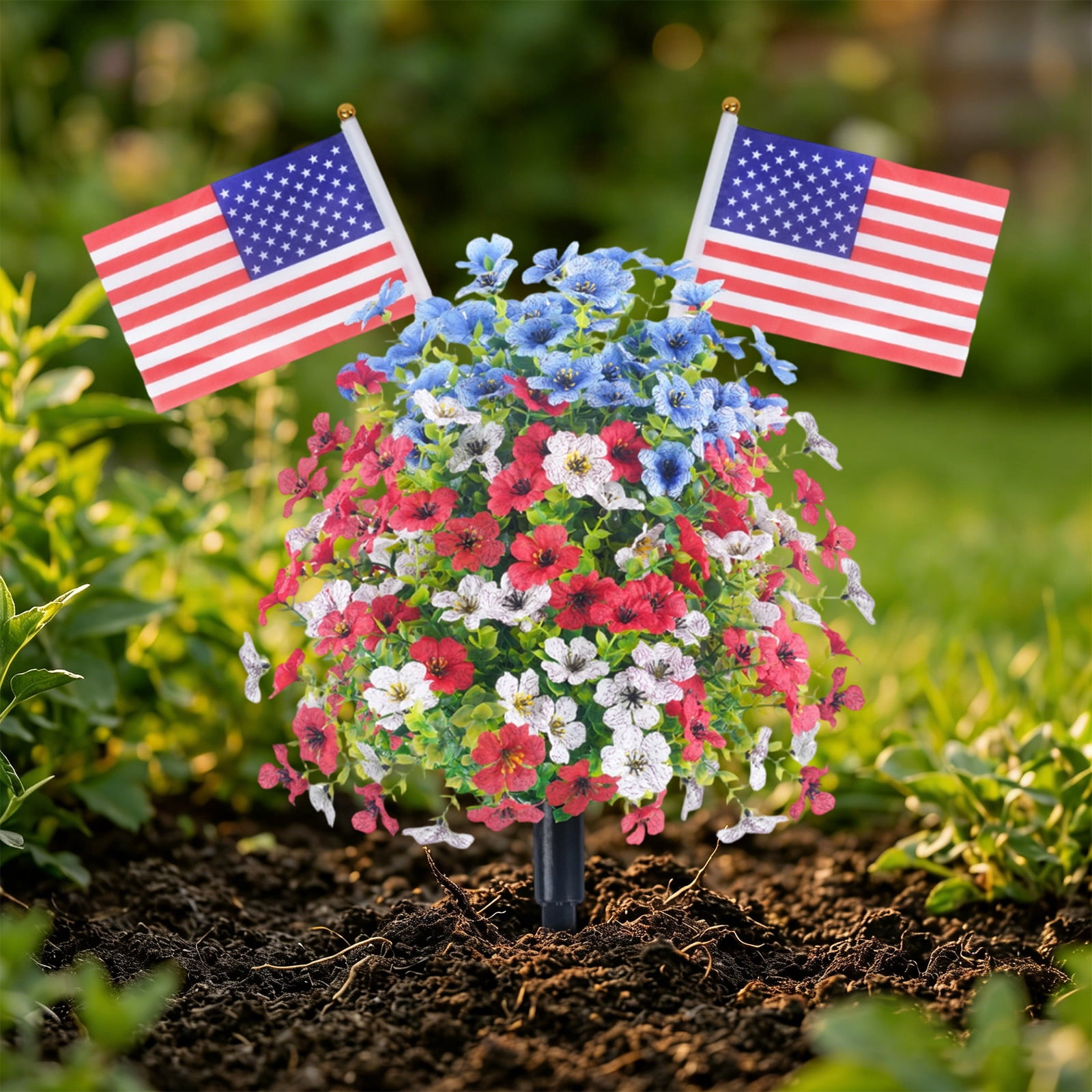 Lumifun 4th of July Patriotic Artificial Flowers with Ground Spikes and Flags 23.6 inches, Red White Blue Fake Violet Garden Stake for Independence Day Memorial Day Garden Outdoor Decor