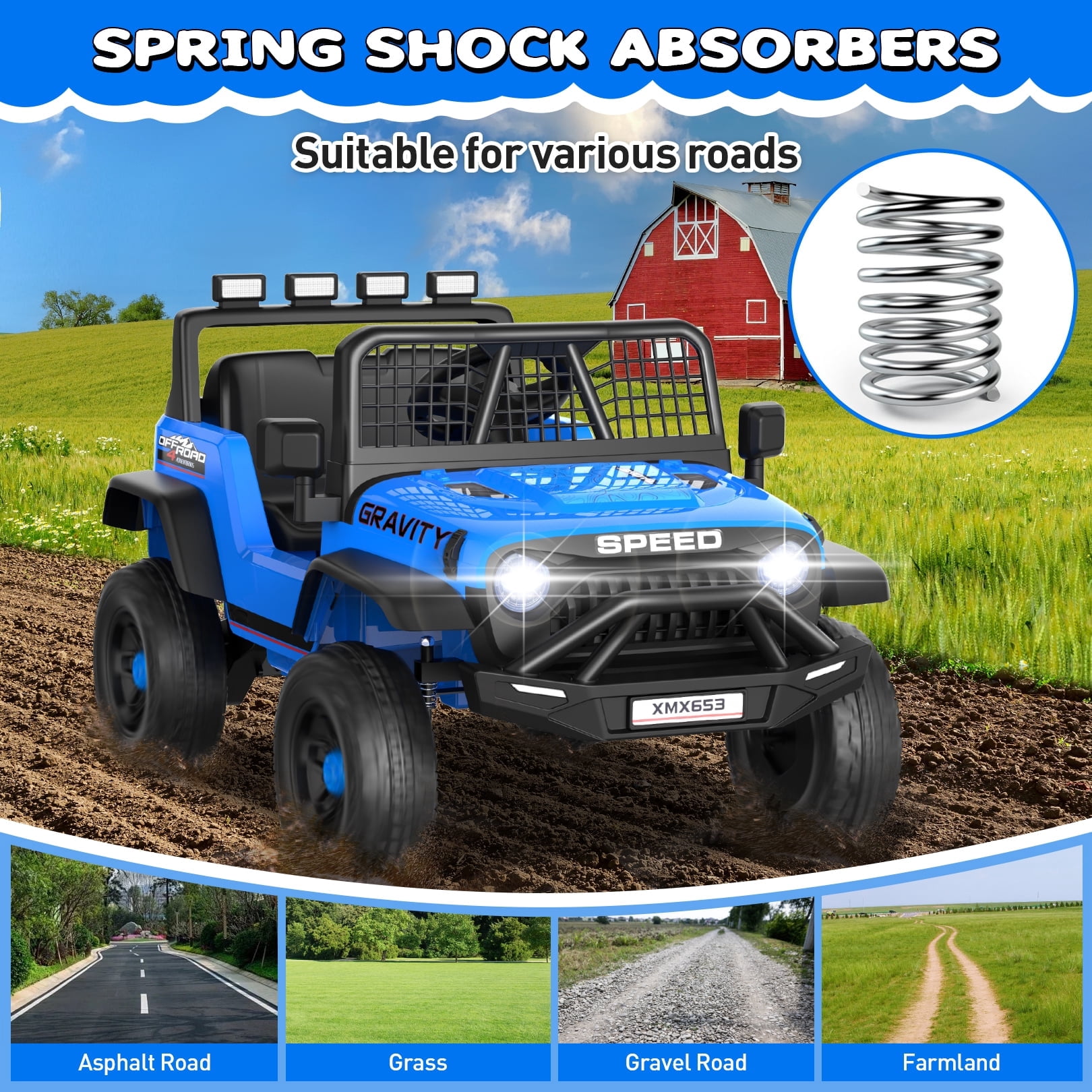 Funcid 12 Volt Ride on Toys for Toddlers Ride on Cars with Remote Control, Battery Powered Ride on Truck Car w/ Bluetooth Music, LED Lights, Spring Suspension, 3 Speeds, Blue