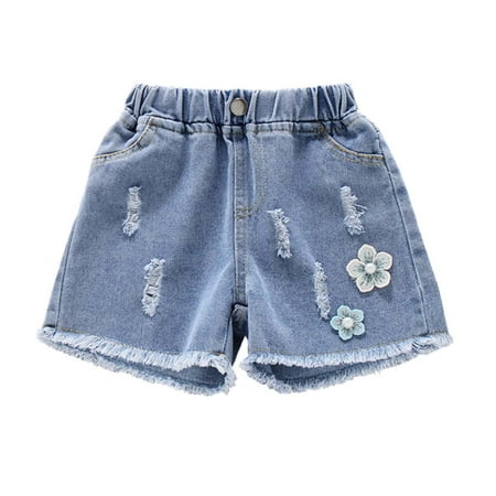 

Girls Bright Denim Shorts Summer New Thin Pocket Elastic Shorts Pearl Flower Decoration Tassels Hole Jeans
