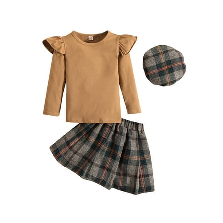 

Calsunbaby 3Pcs Kids Girls Skirt Outfits Ruffle Trim Long Sleeve Tops + Elastic Waist Plaid Pleated Skirt + Hat Clothes Sets Caramel 6-7 Years