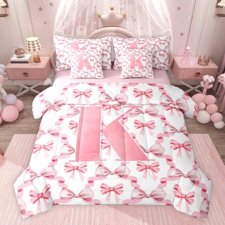 Castle Fairy Child Children Cartoon Bow Knot Letter Monogrammed K Twin Bedding Sets 7-Piece Cute Bow-Tie Plaid Grid Bedding Comforter Set Microfiber Dreamy Princess Breathable Sheet Sets