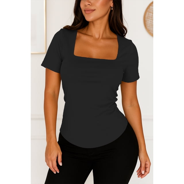 Blusa de licra fresca y elegante cuello cuadrado Negro Mediana