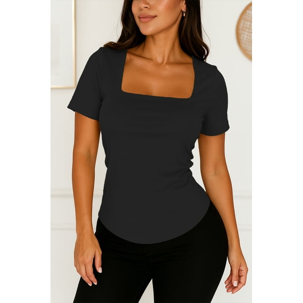 Blusa de licra fresca y elegante cuello cuadrado Negro Mediana