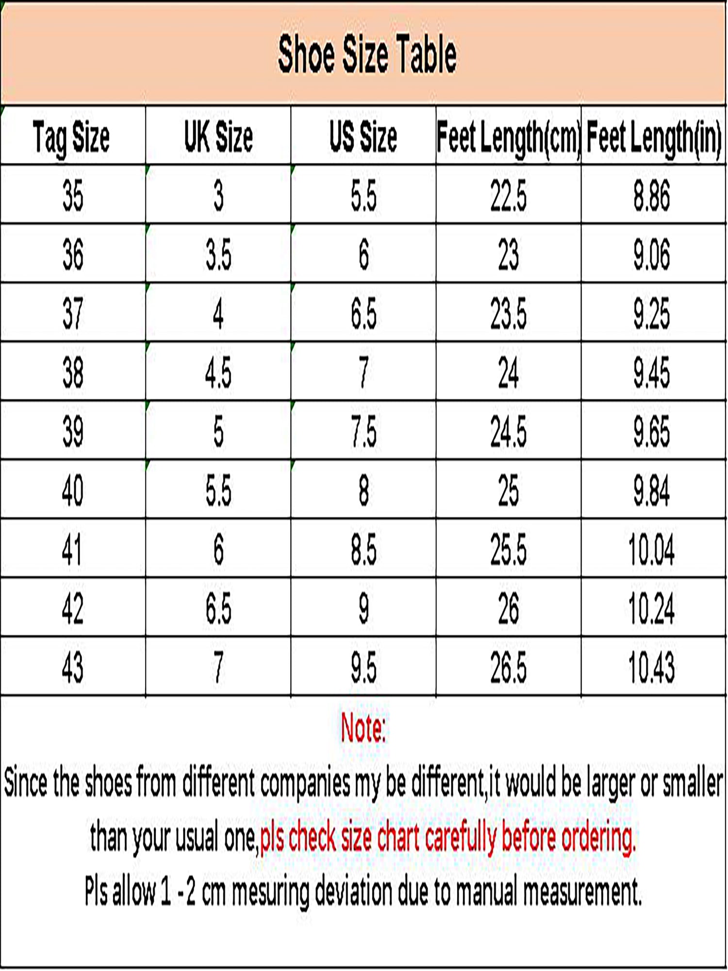 presto size chart