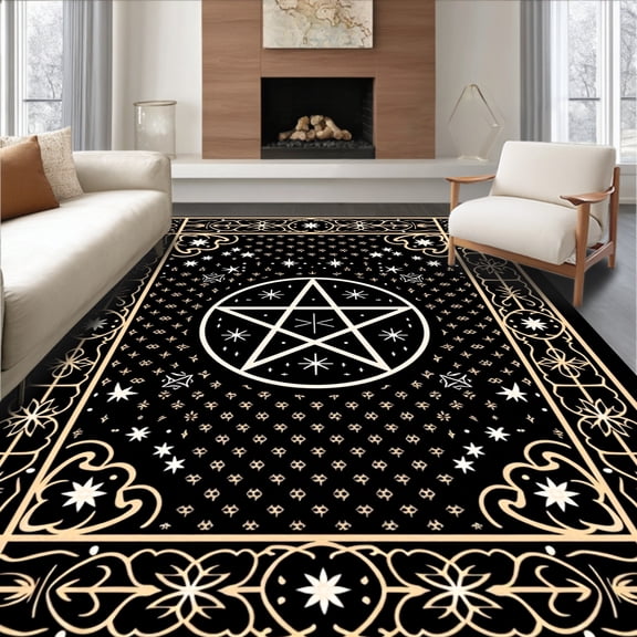 ODIKA 4'x6' Machine Washable Non-Slip Area Rug, Mystical Pentagram Christmas Tree Skirt with Celestial High Traffic Rug, Black, 631249