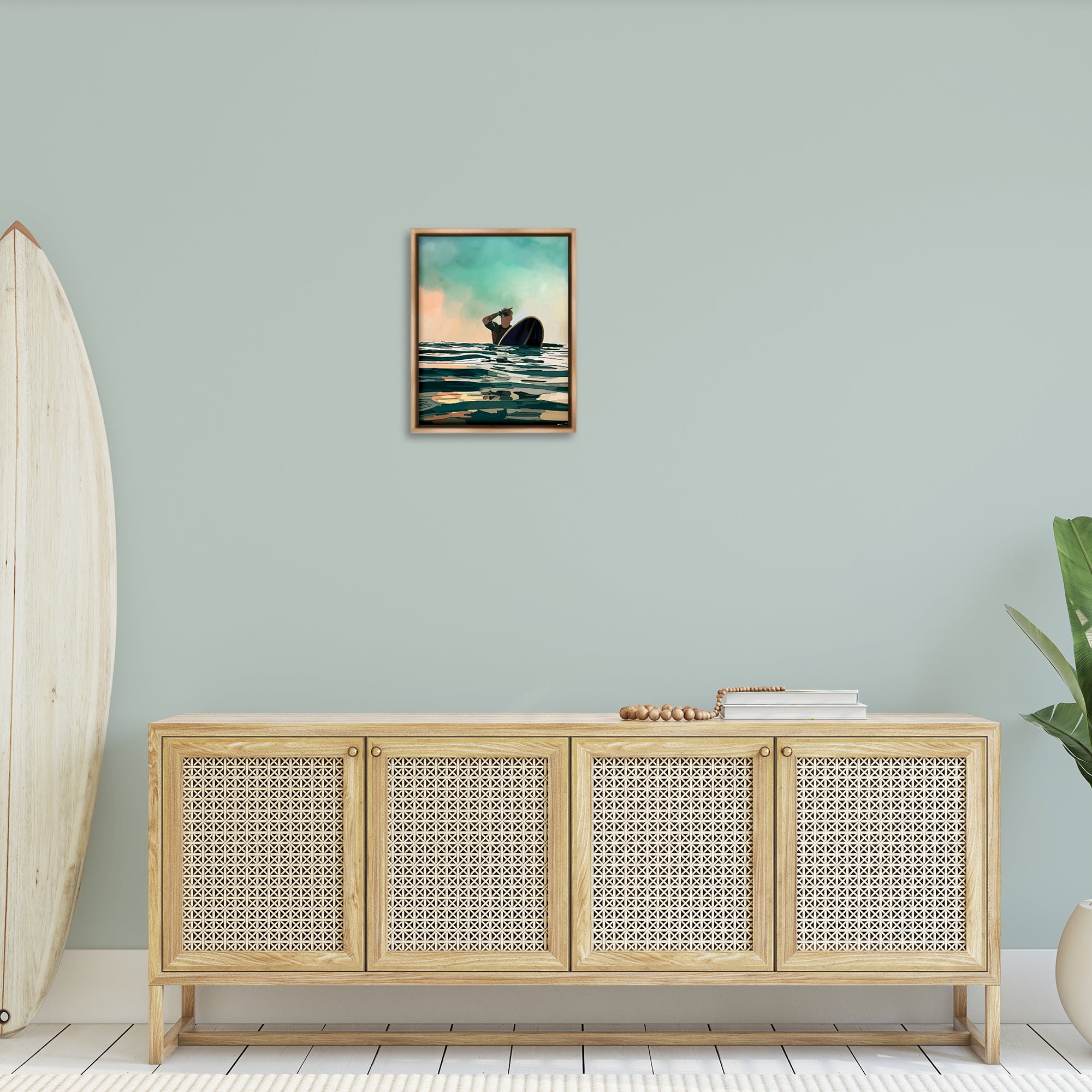 Stupell Industries Surfer with Ocean Reflection Nautical & Beach Painting Brown Floater Framed Canvas Art Print Wall Art, 17 x 21