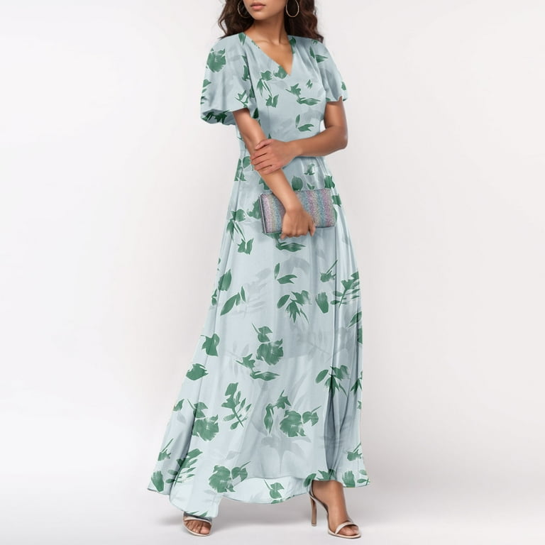 Green Tennis Dress, Wedding Guest Easter Dresses Chiffon Floral Short  Sleeve Ruffle V Neck Flowy Maxi Dress Athletic Vintage For Women Black Tie Dresses  Engagement Dresses (L, Green) ZMTing - Walmart.com