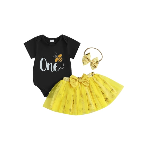 BemeyourBBs Infant Baby Girl First Birthday Outfit 1st Years Old Birthday Clothes Bee Letter Print Crew Neck Short Sleeve Romper Mesh Skirt and Bow Headband 3 Pcs Set