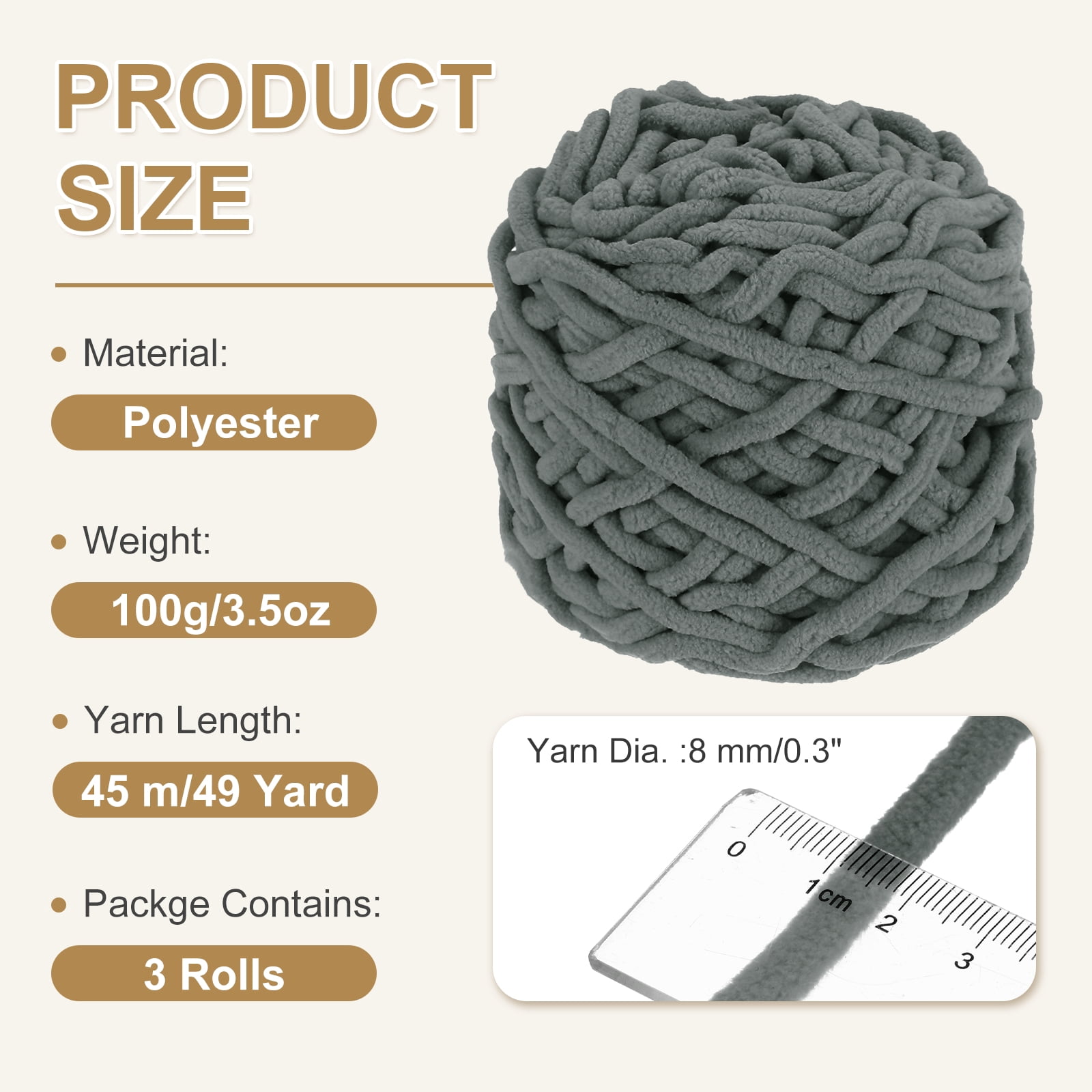 Uxcell 3 Pcs Blanket Yarn, 49 Yards Fluffy Velvet Plush Bulky Thick Chenille Chunky Yarn for Soft Velvet Blanket Shawl Scarf Crochet Hand Knitted Crafts, Dark Grey