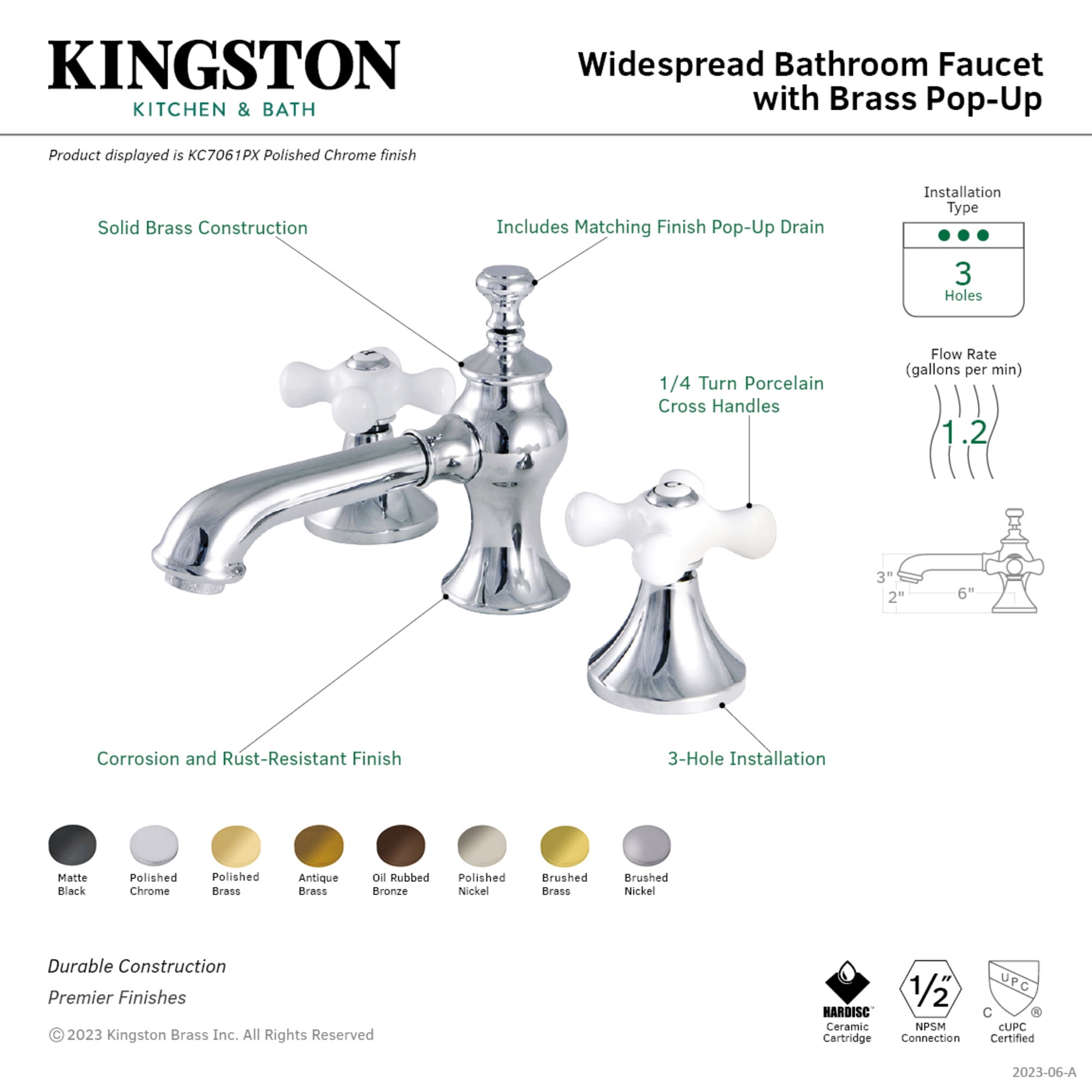 Kingston Brass KC7068PX Vintage Widespread Bathroom Faucet with Brass Pop-Up, Brushed Nickel
