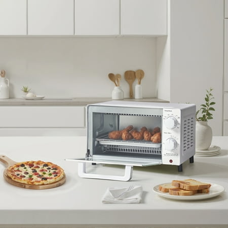 Mainstays 4 Slice Countertop Toaster Oven with 3 Settings, Includes Baking Rack and Pan, Arctic White, New