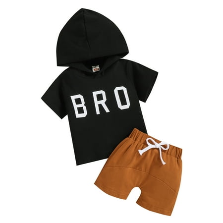 

wybzd Infant Baby Boy Summer Clothes Short Sleeve Hooded Letter Print Tops+Drawstring Shorts Outfits Black 3-6 Months