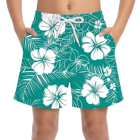 Boys Quick Dry Tropical Floral Shorts with Pockets Elastic Waistband Stretch Multicolor Hibiscus Palm Leaf Summer Beach Youth Size 4-15,Size 6-7T