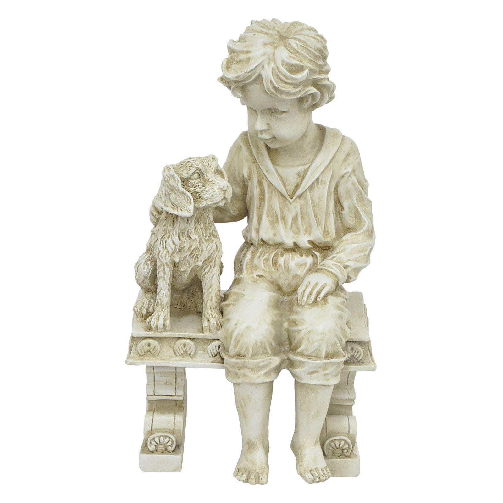 Three Hands Boy with Dog on Bench Garden Statue