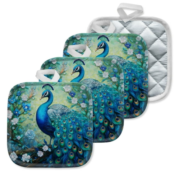4 Pack Pot Holders,Kitchen Essential, Potholder Set,Peacock On A Branch With Blue And White Flowers
