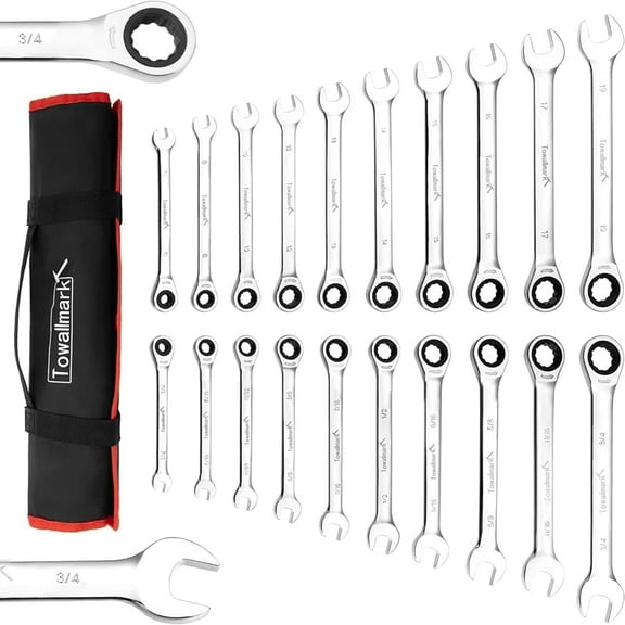 Towallmark Ratcheting Wrench, 20Pcs Standard Combination Wrench Set, SAE 1/4-3/4""& Metric 6-19mm, 72-Teeth,Cr-V Steel Ratchet Set with Storage Bag for motorcycle/car/mechanical etc