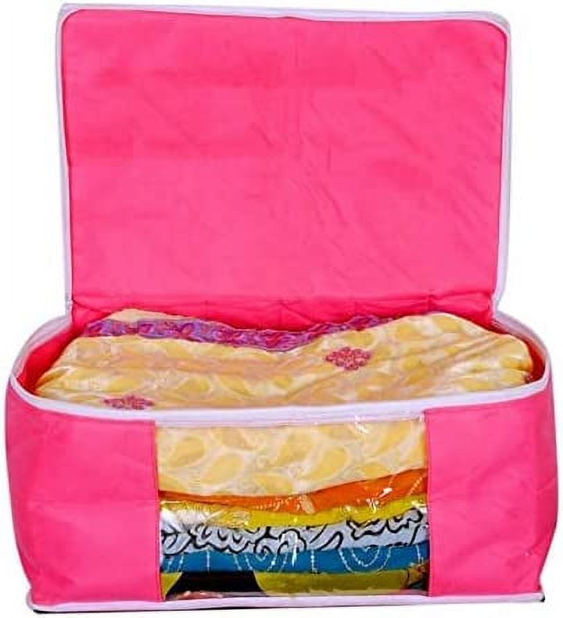 atorakushon Nonwoven Fabric 2 Saree and 2 Blouse Garments Clothing Storage Cover Bag Pouch Wardrobe Organizers with Clear Window view Zip Lock Pink
