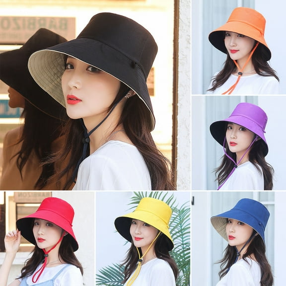 AYYUFE Women Fisherman Hat with Adjustable Fastening Strap Wide Birm Flat Top Solid Color Sunscreen Anti-UV Summer Hat Outdoor Supply for Summer