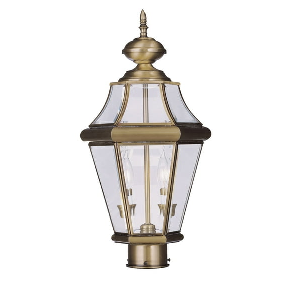 2 Light Antique Brass Outdoor Post Lantern Pendant Lighting Fixture with Clear Beveled Glass Shade backed with Hand Crafted Solid Brass material for patio, front porch, entryway and more