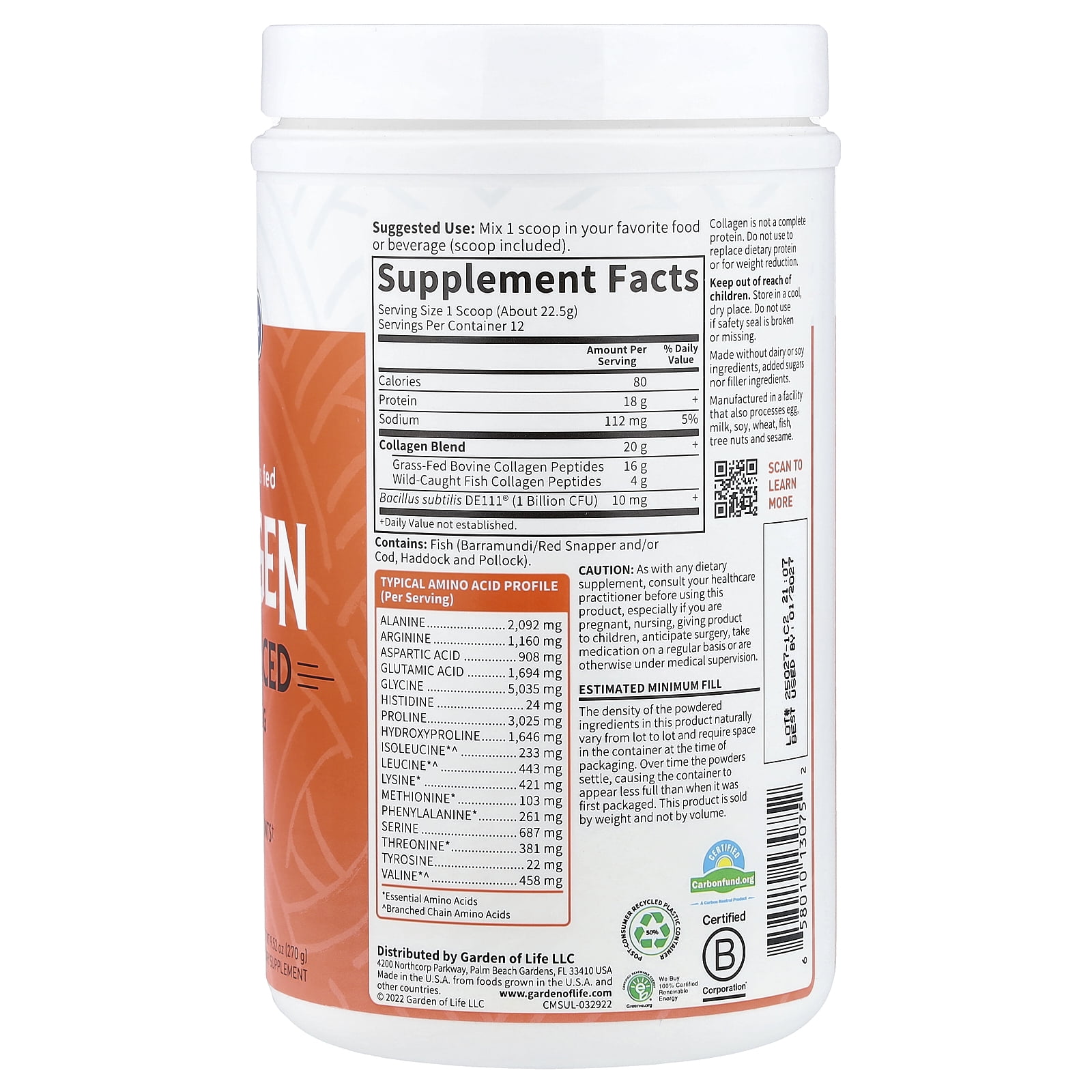 Garden of Life Wild Caught & Grass Fed Collagen, Multi-Sourced, Unflavored, 9.52 oz (270 g)