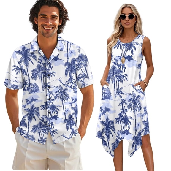 Psesaysky Blue Palm Tree Print Mens T-Shirts Summer Dress for Women Hawaiian Aloha Shirt Sleeveless Sundress Travel Matching Couples Luau Outfits Plus Size