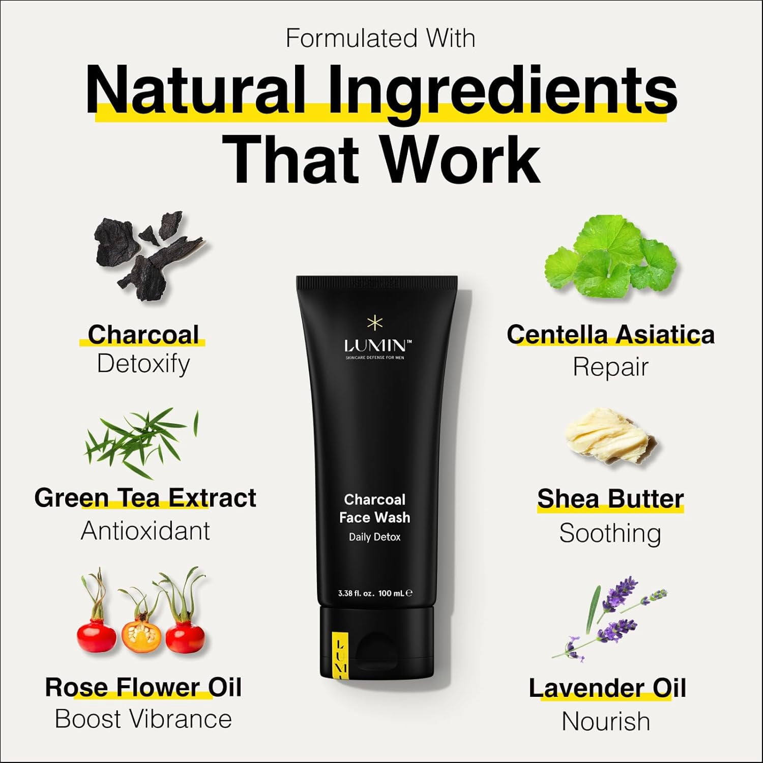 Lumin Charcoal Face Wash for Men Skincare - Daily Detox, Hydrating Face Cleanser, Removes Impurities, Exfoliates, Unclogs Pores, Controls Oil, Soothes Irritation, All Skin Types, 1 Pack