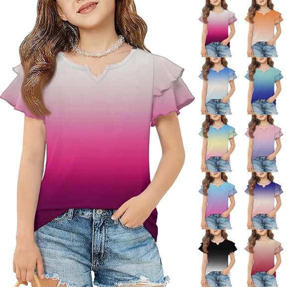 Dwellite Girls V-Neck Shirts Short Sleeve Cute Summer Tee Shirts Baggy Soft Tops 3-13 Years Blue 160