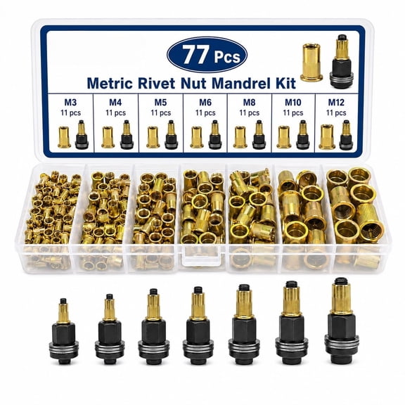 77PCS Carbon Steel Rivet Nut Tool Set, Rivet Nut Mandrel Assortment Kit