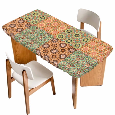 Abstract Floral Table Cloths for 4 Foot Rectangle Tables Vintage Ethnic Tribe Abstract Art Patio Waterproof Elastic Fitted Tablecloths Washable Rectangular Table Cover for Camping