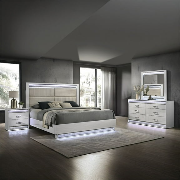Glam Modern Style Upholstered LED Queen 4PC Bedroom Set Made With Wood in White
