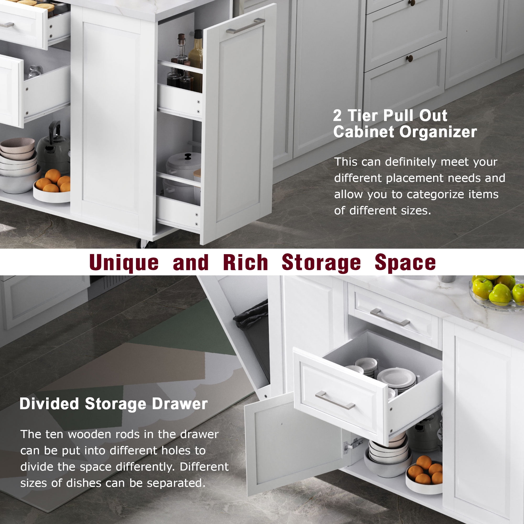 AISWORD 50.7" Kitchen Island with Trash Can Storage Cabinet, Rolling Kitchen Cart on Wheels with Faux Marble Top Drop Leaf, Spice Rack, Towel Rack and Adjustable Shelf, White