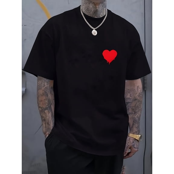Men's Casual Red Heart Print T-Shirt - Soft Knitted Fabric, Lightweight and Breathable Crew Neck Short Sleeve, Comfortable for All Seasons, Machine Washable Regular Fit,